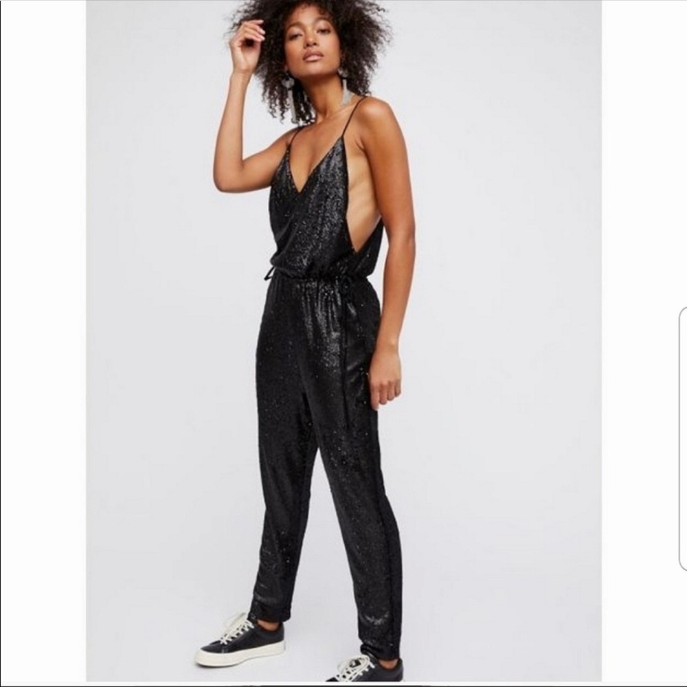 FREE PEOPLE Black Sequin Jumpsuit Pants suit Small